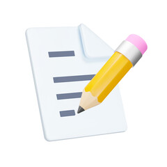Poster - Writing text 3d icon. Document with text. A piece of paper with a pencil. Isolated object on a transparent background