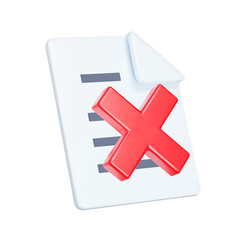 Poster - Document and red cross 3d icon. Reject document, negative decision. Isolated object on a transparent background