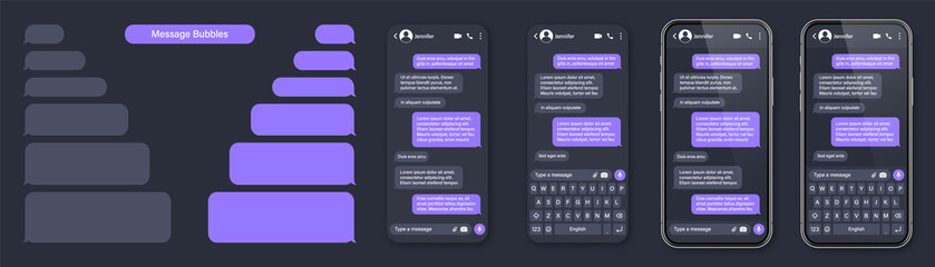 Realistic smartphone with messaging app. SMS text frame. Conversation chat screen with violet message bubbles and placeholder text. Social media application. Vector illustration.