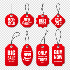 Realistic red price tags collection. Special offer or shopping discount label. Retail paper sticker. Promotional sale badge with text. Vector illustration.