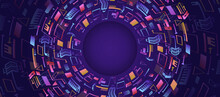 Hi-tech Circle Design Innovation Concept. Abstract Futuristic Wide Communication Vector Illustration. Sci-fi Technology On The Purple Background.