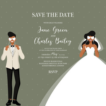 wedding invitation in vintage style , couple marriage, groom and bride characters, vector illustrati