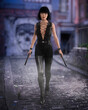 Beautiful urban fantasy assassin woman walking along a seedy dydtopian future street holding gun with silencer in each hand. 3D rendering.