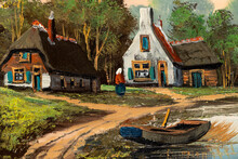 Close-up Of Vintage Oil Painting Depicting Idyllic Cottages And Log Cabins By A Lake, Reed Grass, And A Wooden Boat.