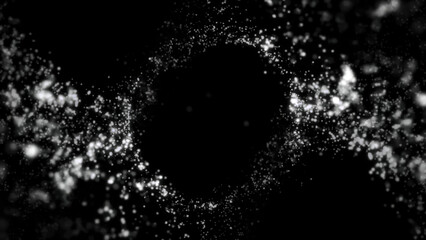 Poster - Abstract flying, monochrome small dots creating ring on black background. Beautiful, small shining particles formed in circle floating in the dark, black and white.