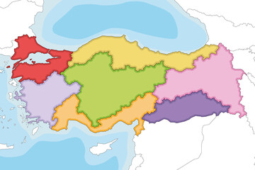  Vector illustrated blank map of Turkey with regions and geographical divisions, and neighbouring countries. Editable and clearly labeled layers.