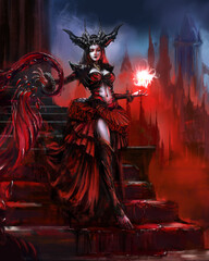 a beautiful ancient demoness vampire uses blood magic to create a skeleton warrior in a gothic castl