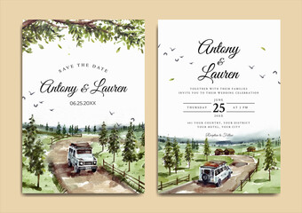 Watercolor wedding invitation set of nature landscape with road trip 