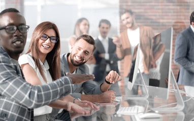 Poster - employees of the company hold a briefing in the office