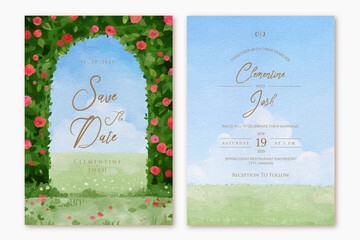 Wall Mural - Watercolor archway red rose flower garden landscape wedding invitation set