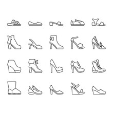Set Of Different Types Of Footwear. Six Icons Kinds Of Shoes . Outline Black And White Signs. Vector Illustration Of Woman Summer And Classic Shoes