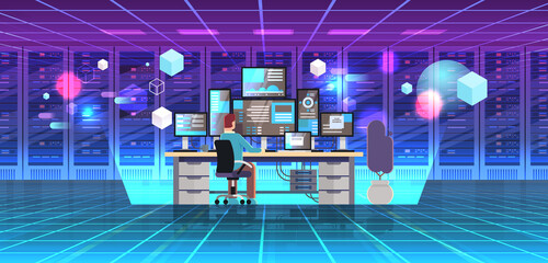 Poster - man working in online data center room hosting server computer monitoring neon view through VR glasses metaverse