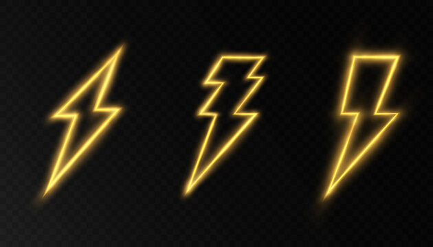 Set of yellow neon glowing lightning bolts for vector illustration.