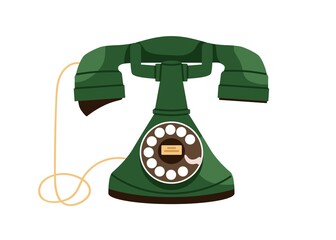 Aufkleber - Vintage rotary telephone with round base, turning dial, wire and headset. Old antique desk set phone with disk. Retro telecommunication device. Flat vector illustration isolated on white background