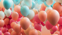 Coral, Pink And Aqua Balloons Rising In The Air. Modern, Festival Background.