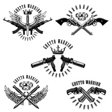 Set Of Vintage Emblems With Weapon, Gun, Revolver, Knife. Design Elements For Logo, Label, Sign, T Shirt. Vector Illustration