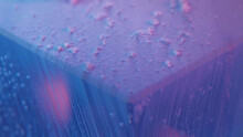 Neon Ink Background. Fluorescent Glow. Magic Cascade. Blur Iridescent Pink Blue Color Pearl Bubble Fluid Drip On Cube Edge Angle With Snow Frost Abstract Texture.