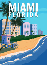 Miami Beach City Skyline, Retro Poster. Coast, Surf, Ocean. Vector Illustration Vintage