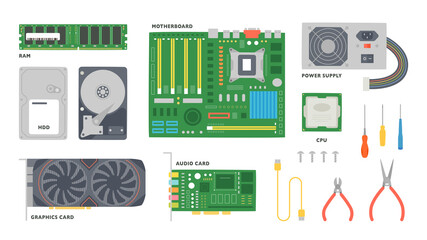 Poster - Computer main parts and repair tools. Simple but detailed design. flat design style vector illustration.