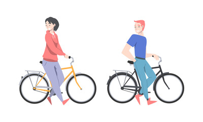 Sticker - Smiling Man and Woman Standing Near Bicycle Enjoying Vacation or Weekend Activity Vector Illustration Set