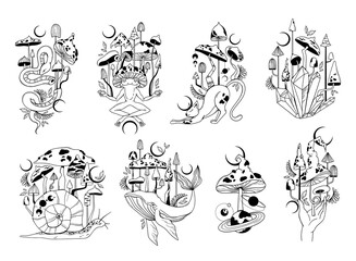 Sticker - Mystical animals and magic mushrooms isolated clip art bundle, hand drawn mysterious compositions with celestial crystals, snake, frog, cat, whale, snail and mushrooms on white background, vector