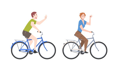 Poster - Smiling Man and Woman Riding Bicycle Enjoying Vacation or Weekend Activity Vector Illustration Set