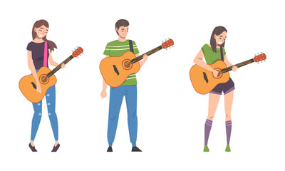 Wall Mural - Young Man and Woman Musician Guitarist Character Playing Guitar Performing Street Concert Vector Set