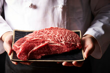 Chef Holding Fresh Raw Meat On Plate	