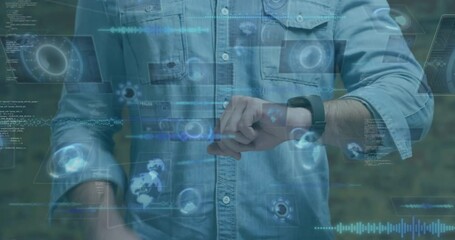 Poster - Animation of data processing on screens over caucasian man checking smartwatch