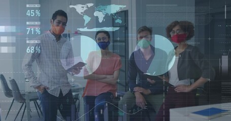 Poster - Animation of financial data processing over diverse business people wearing face masks