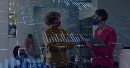 Poster - Animation of financial data processing over diverse business people wearing face masks