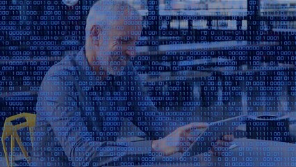 Poster - Animation of data processing over caucasian businessman using tablet