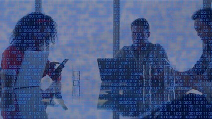 Poster - Animation of data processing over diverse business people using tablet