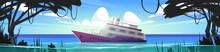 Sunken Cruise Ship In Ocean Harbor Near Tropical Island With Lianas And Trees. Beautiful Summer Landscape With Old Passenger Liner Sinking In Sea Water After Shipwreck, Cartoon Vector Illustration