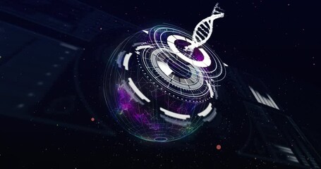 Poster - Animation of scope scanning and globe over data processing on black background