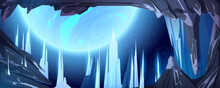 Alien Planet Landscape, Space View From Frozen Cave With Ice Stalagmites And Rocks. Cosmic Background With Glowing Sphere In Dark Starry Sky. Fantastic World In Cosmos, Cartoon Vector Illustration