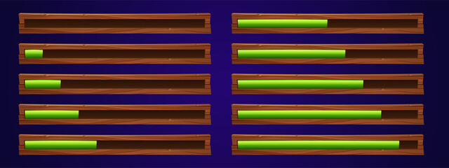 Poster - Game ui loading progress bars vector set, cartoon interface gui design elements. Status and resources scales of power with green toxic liquid in wooden stripe, isolated 2d illustration