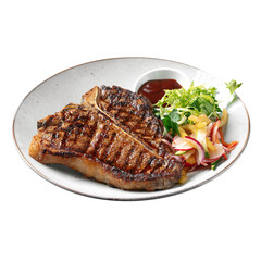 Wall Mural - Isolated portion of grilled beef t-bone steak on white background