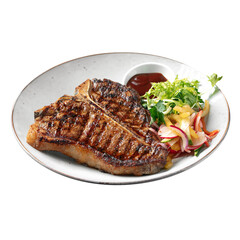 Isolated portion of grilled beef t-bone steak on white background