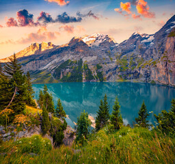 Wall Mural - superb summer sunrise on unique oeschinensee lake. spectacular morning scene in the swiss alps with 