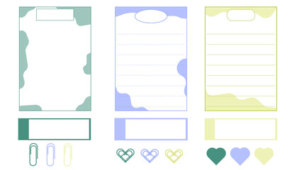 Wall Mural - set of the cute colorful notepad template, memo, planner, grid paper, sticky note, reminder, journal, and paper clip illustration. cute, simple, and printable perfect for your design