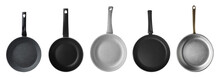 Set With Different Frying Pans On White Background, Top View. Banner Design