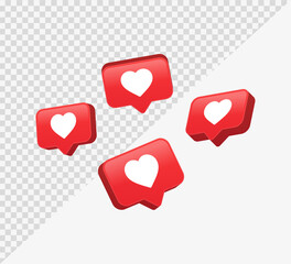 Wall Mural - 3d heart in speech bubble icon, love like heart bubbles background, social media notification icons, post reactions for social network, favorite hearts, 3d rendering, 3d illustration