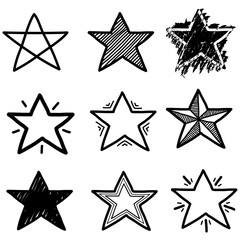 Set of black hand drawn vector stars in doodle style on white background. Can be used as a standalone pattern or element. Faint marker brush