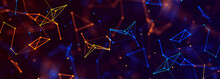 Abstract Polygonal Space With Connecting Dots And Lines. Dark Background. Connection Structure. 3d Widescreen