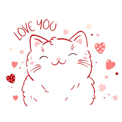 Wall Mural - Cute Valentine card in kawaii style. Lovely cat with pink hearts. Inscription Love you. Can be used for t-shirt print, stickers, greeting card design. Vector illustration EPS8