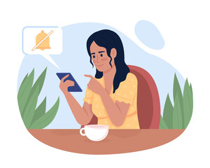 Poster - woman turning off notifications on phone 2d vector isolated illustration. positive flat character on
