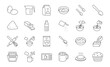 Baking Mixes doodle illustration including icons - water, muffin ingredient, bowl, dough, egg, whisk, stove, melted butter, spoon, pouch. Thin line art about bakery kitchenware. Editable Stroke