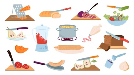 Sticker - Prepare food process. Cooking, chopped fruit, vegetables on board. Kitchen recipes elements, isolated meal cut with knife. Cook product decent vector set