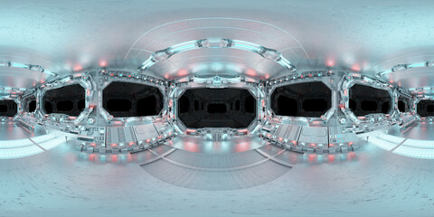Aufkleber - HDRI panoramic view of white blue spaceship interior with windows. High resolution 360 degrees panorama reflection mapping of a futuristic spacecraft 3D rendering
